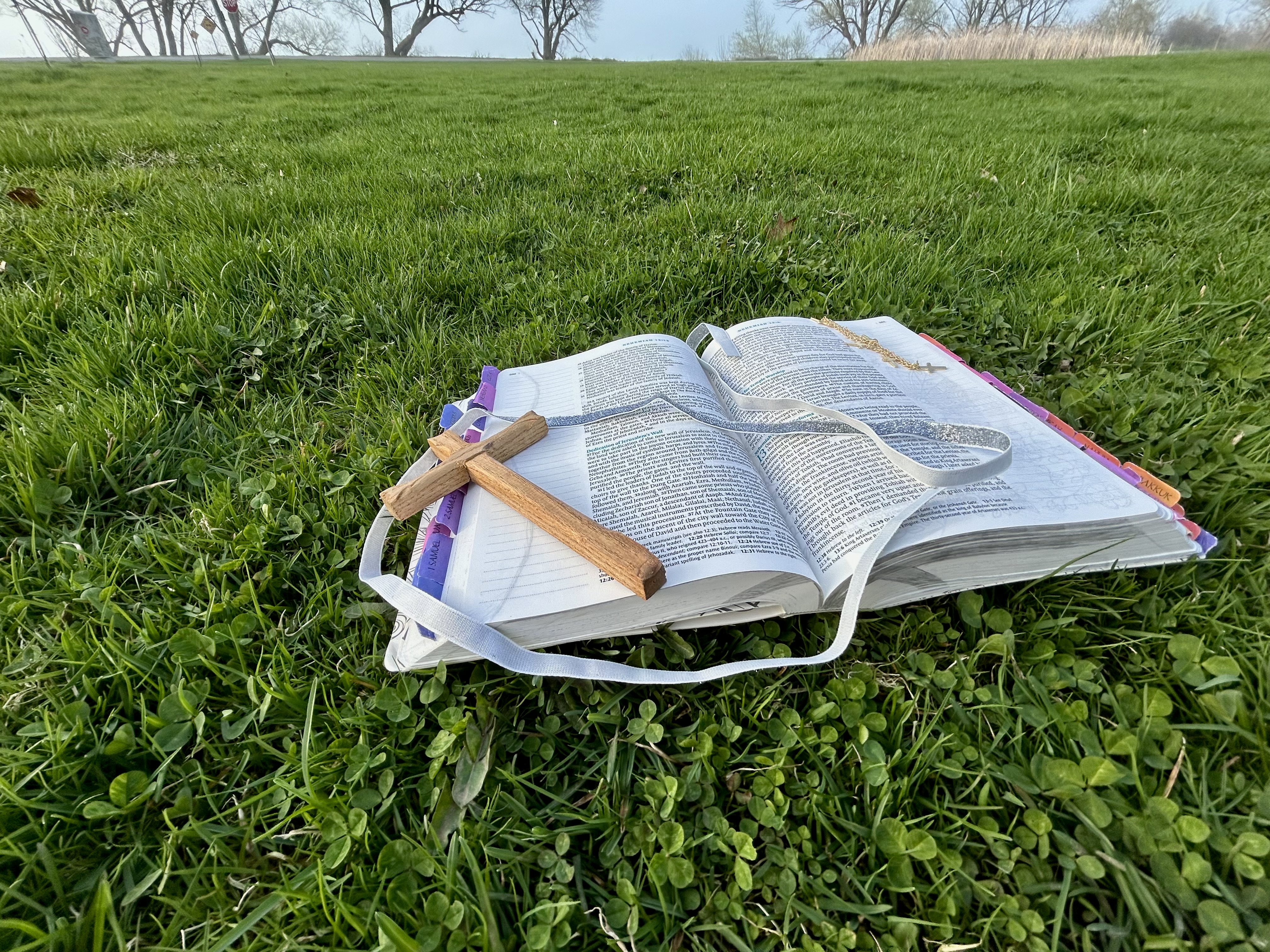 A picture of the bible and a cross.